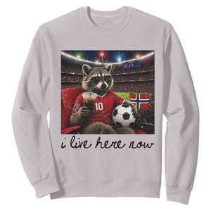Norway Soccer Football Fan Norge Norwegian Flag Sweatshirt Funny Raccoon I Live Here Now TS14 S Ice Gray Print Your Wear