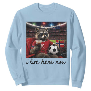 Norway Soccer Football Fan Norge Norwegian Flag Sweatshirt Funny Raccoon I Live Here Now TS14 Light Blue Print Your Wear