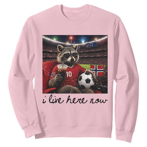 Norway Soccer Football Fan Norge Norwegian Flag Sweatshirt Funny Raccoon I Live Here Now TS14 Light Pink Print Your Wear