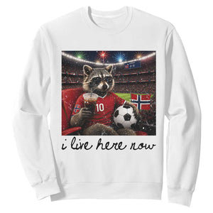 Norway Soccer Football Fan Norge Norwegian Flag Sweatshirt Funny Raccoon I Live Here Now TS14 White Print Your Wear