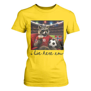 Norway Soccer Football Fan Norge Norwegian Flag T Shirt For Women Funny Raccoon I Live Here Now TS14 Daisy Print Your Wear