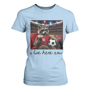 Norway Soccer Football Fan Norge Norwegian Flag T Shirt For Women Funny Raccoon I Live Here Now TS14 Light Blue Print Your Wear