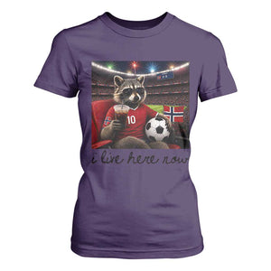 Norway Soccer Football Fan Norge Norwegian Flag T Shirt For Women Funny Raccoon I Live Here Now TS14 Purple Print Your Wear