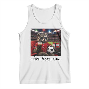 Norway Soccer Football Fan Norge Norwegian Flag Tank Top Funny Raccoon I Live Here Now TS14 White Print Your Wear
