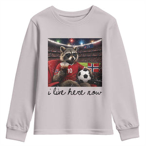 Norway Soccer Football Fan Norge Norwegian Flag Youth Sweatshirt Funny Raccoon I Live Here Now TS14 Ice Gray Print Your Wear
