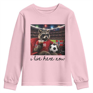 Norway Soccer Football Fan Norge Norwegian Flag Youth Sweatshirt Funny Raccoon I Live Here Now TS14 Light Pink Print Your Wear
