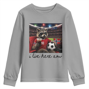 Norway Soccer Football Fan Norge Norwegian Flag Youth Sweatshirt Funny Raccoon I Live Here Now TS14 Sport Gray Print Your Wear