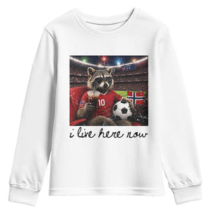 Norway Soccer Football Fan Norge Norwegian Flag Youth Sweatshirt Funny Raccoon I Live Here Now TS14 White Print Your Wear