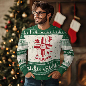 New Mexico Flag Zia Sun Souvenir Ugly Christmas Sweater New Mexico Zia Chiles Balloon Roadrunner Yucca TS14 Beige Green Print Your Wear