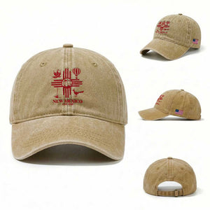 New Mexico Flag Zia Sun Souvenir Washed Cotton Baseball Cap New Mexico Zia Chiles Balloon Roadrunner Yucca TS14 Washed Cap Universal Fit Khaki Print Your Wear