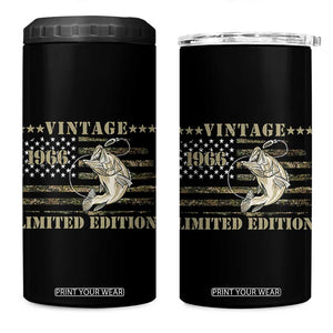 60th Birthday Fishing Vintage 1966 Limited Edition 4 in 1 Can Cooler Tumbler Bass Fishing Camouflage American Flag Fisherman Gift