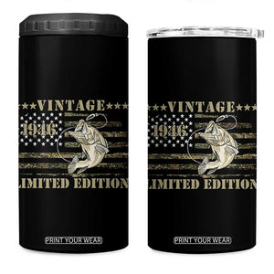 80th Birthday Fishing Vintage 1946 Limited Edition 4 in 1 Can Cooler Tumbler Bass Fishing Camouflage American Flag Fisherman Gift