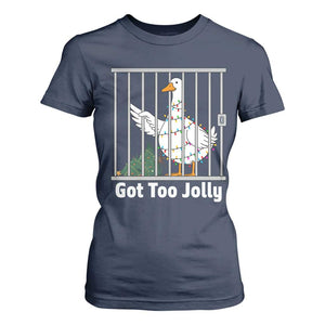 Funny Goose Christmas T Shirt For Women Got Too Jolly TS14 Navy Print Your Wear