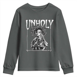 Unholy Nun Youth Sweatshirt Funny Horror Unholy Nun Satan Baphomet Gothic TS14 Dark Heather Print Your Wear