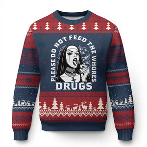 Funny Unholy Nun Ugly Christmas Sweater Please Do Not Feed The Whores Drugs TS14 Navy Red Print Your Wear
