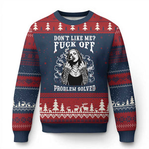 Funny Unholy Nun Ugly Christmas Sweater Don't Like Me Fuck Off Problem Solved TS14 Navy Red Print Your Wear