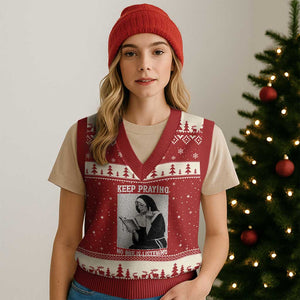 Funny Smoking Nun V-Neck Knit Sweater Vest Keep Praying No One Is Listening TS14 Red Beige Print Your Wear