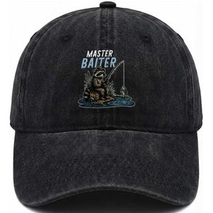 Funny Raccoon Fishing Washed Cotton Baseball Cap Master Baiter Fisherman TS14 Washed Cap Universal Fit Black Print Your Wear
