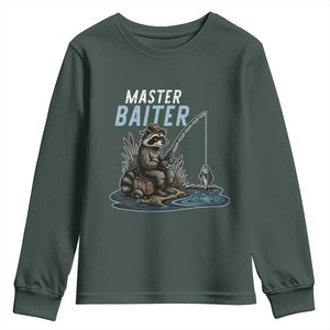 Funny Raccoon Fishing Youth Sweatshirt Master Baiter Fisherman TS14 Dark Forest Green Print Your Wear