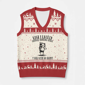 Wish I Lacked Critical Thinking Skills Y'all Seem So Happy V-Neck Knit Sweater Vest Funny Frog Sarcastic Quote