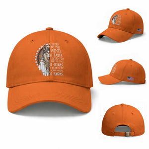 Native American Indian Wolf Saying Listen to The Wind Baseball Cap