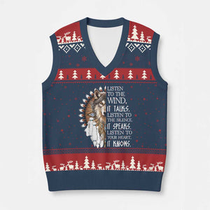 Native American Indian Wolf Saying Listen to The Wind V-Neck Knit Sweater Vest