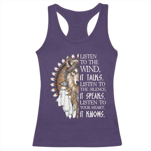 Native American Indian Wolf Saying Listen to The Wind Racerback Tank Top