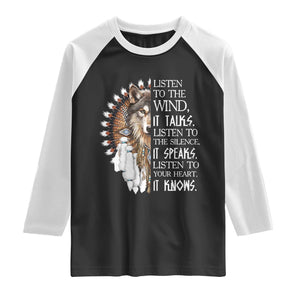 Native American Indian Wolf Saying Listen to The Wind Raglan Shirt