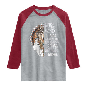 Native American Indian Wolf Saying Listen to The Wind Raglan Shirt