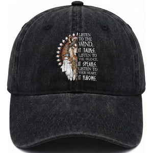 Native American Indian Wolf Saying Listen to The Wind Washed Cotton Baseball Cap