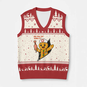 Funny ICU Nurse Xmas V-Neck Knit Sweater Vest Gingerbread Did You Try Icing It TS14 Beige Red Print Your Wear