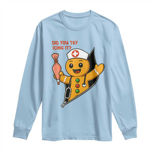 Funny ICU Nurse Christmas Long Sleeve Shirt Gingerbread Did You Try Icing It TS14 Light Blue Print Your Wear