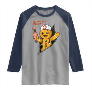 Funny ICU Nurse Christmas Raglan Shirt Gingerbread Did You Try Icing It TS14 Sport Gray Navy Print Your Wear