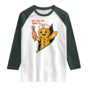 Funny ICU Nurse Christmas Raglan Shirt Gingerbread Did You Try Icing It TS14 White Dark Forest Green Print Your Wear