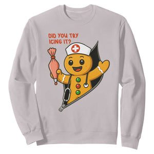 Funny ICU Nurse Christmas Sweatshirt Gingerbread Did You Try Icing It TS14 Ice Gray Print Your Wear