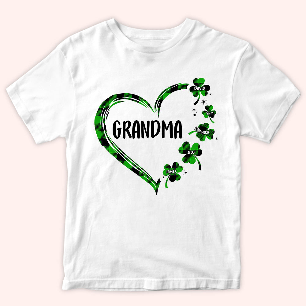Personalized St Patricks Day Grandma T Shirt With Grandkids Name Heart Shamrock CTM Custom - Printyourwear