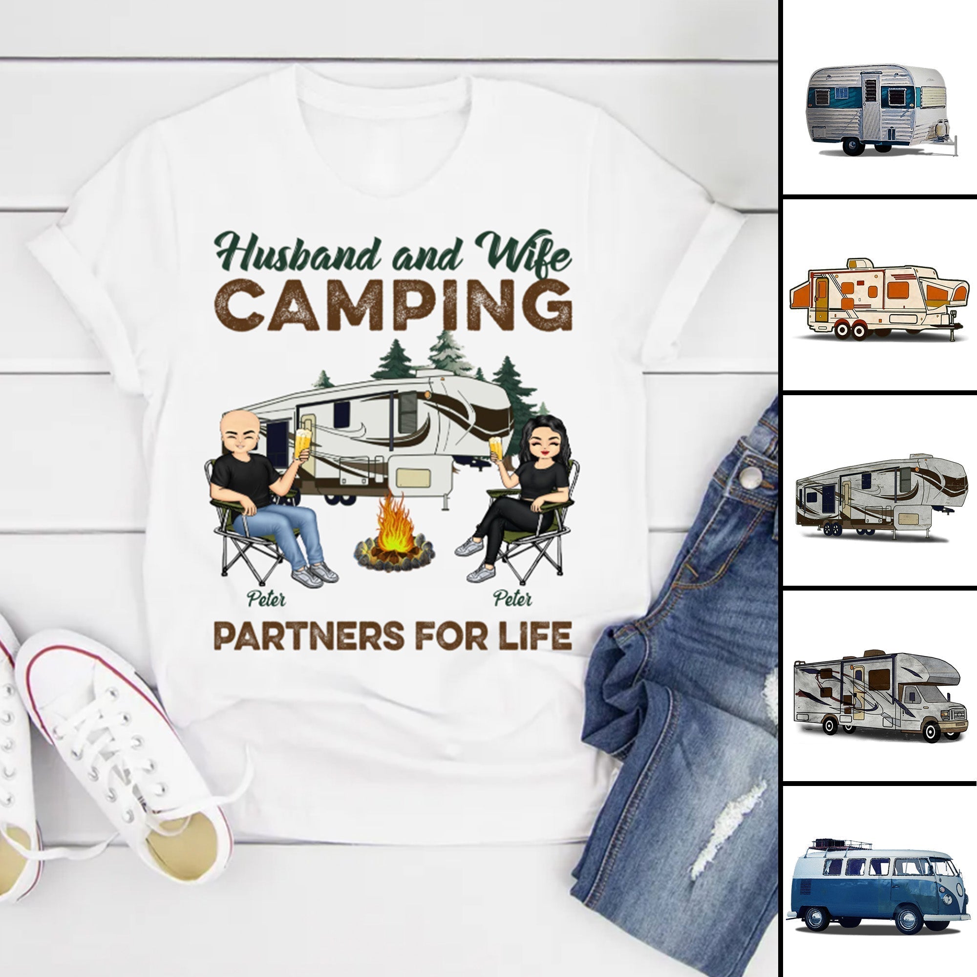 Personalized Camping Husband and Wife T Shirt Matching Couple Partners For Life Bright Color CTM Custom - Printyourwear