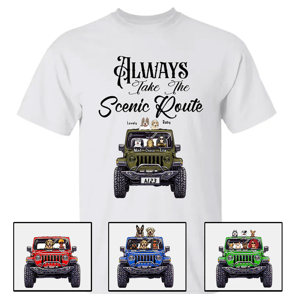 Custom Jeep Shirts, Always Take The Scenic Route Jeep Dog Jeep Cat Apparel CTM00 Custom - Printyourwear