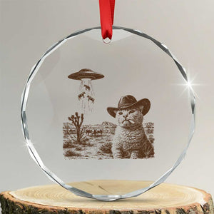 UFO Cowboy Cat Crystal Glass Ornament Vintage Graphic Retro Western Rodeo TS10 Transparent Glass 3'' Circle Print Your Wear
