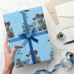 UFO Cowboy Cat Wrapping Paper Roll Vintage Graphic Retro Western Rodeo TS10 Light Blue Print Your Wear