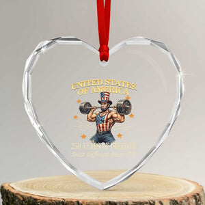 USA 250 Years of Freedom Muscular Uncle Sam Weightlifter Heart Crystal Glass Ornament Built Different Since 1776 Funny Patriotic Buff Graphic