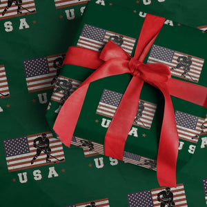 USA Flag Hockey Wrapping Paper Roll Patriotic Ice Hockey Player Retro Vintage TS02 Green Print Your Wear