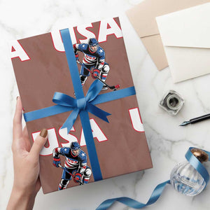 USA Ice Hockey Player Patriotic Graphic Wrapping Paper Roll Red White and Blue American Sports Fan TS02 Mocha Print Your Wear