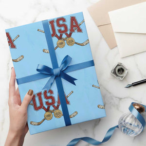USA Ice Hockey Pride 1980 to 2026 Legacy Wrapping Paper Roll Patriotic American Champions TS02 Light Blue Print Your Wear