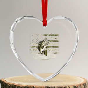 Vintage Bass Fishing Camouflage Heart Crystal Glass Ornament Patriotic Largemouth Bass Angler Fishing Lovers Fisherman Camo US Flag