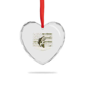 Vintage Bass Fishing Camouflage Heart Crystal Glass Ornament Patriotic Largemouth Bass Angler Fishing Lovers Fisherman Camo US Flag