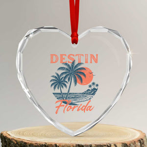 Vintage Destin Florida Beach Heart Crystal Glass Ornament Sunset Palm Tree Graphic