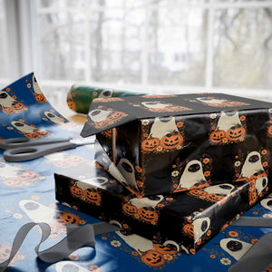 Vintage Halloween Ghost Cat Wrapping Paper Roll Groovy Floral Cute Black Cat Ghost Fall Pumpkin TS10 Black Print Your Wear