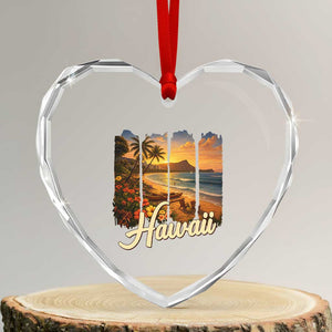 Vintage Hawaii Beach Travel Heart Crystal Glass Ornament Sunset Ocean Landscape
