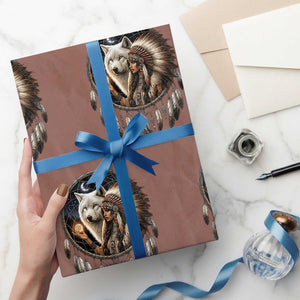 Vintage Native American Woman With White Wolf Graphic Wrapping Paper Roll